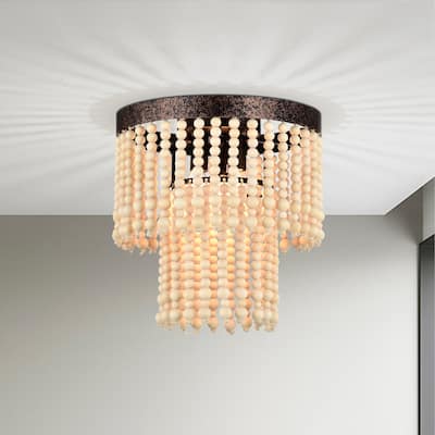 Wood Beaded Flush Mount Chandelier Boho Ceiling Light Fixture 3-Light