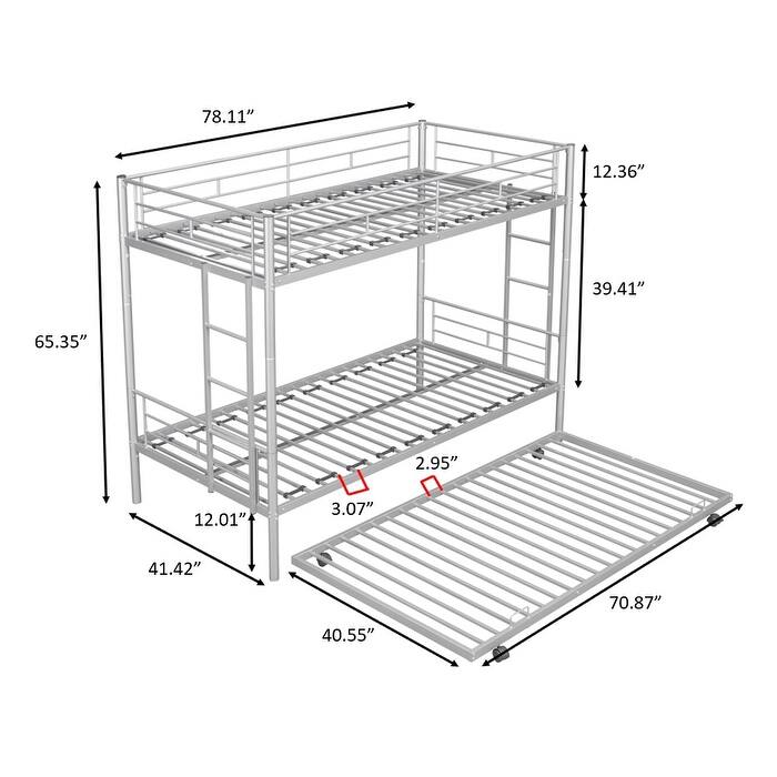 Artsy Twin over Twin Metal Bunk Bed with Trundle and Guardrail, Silver ...