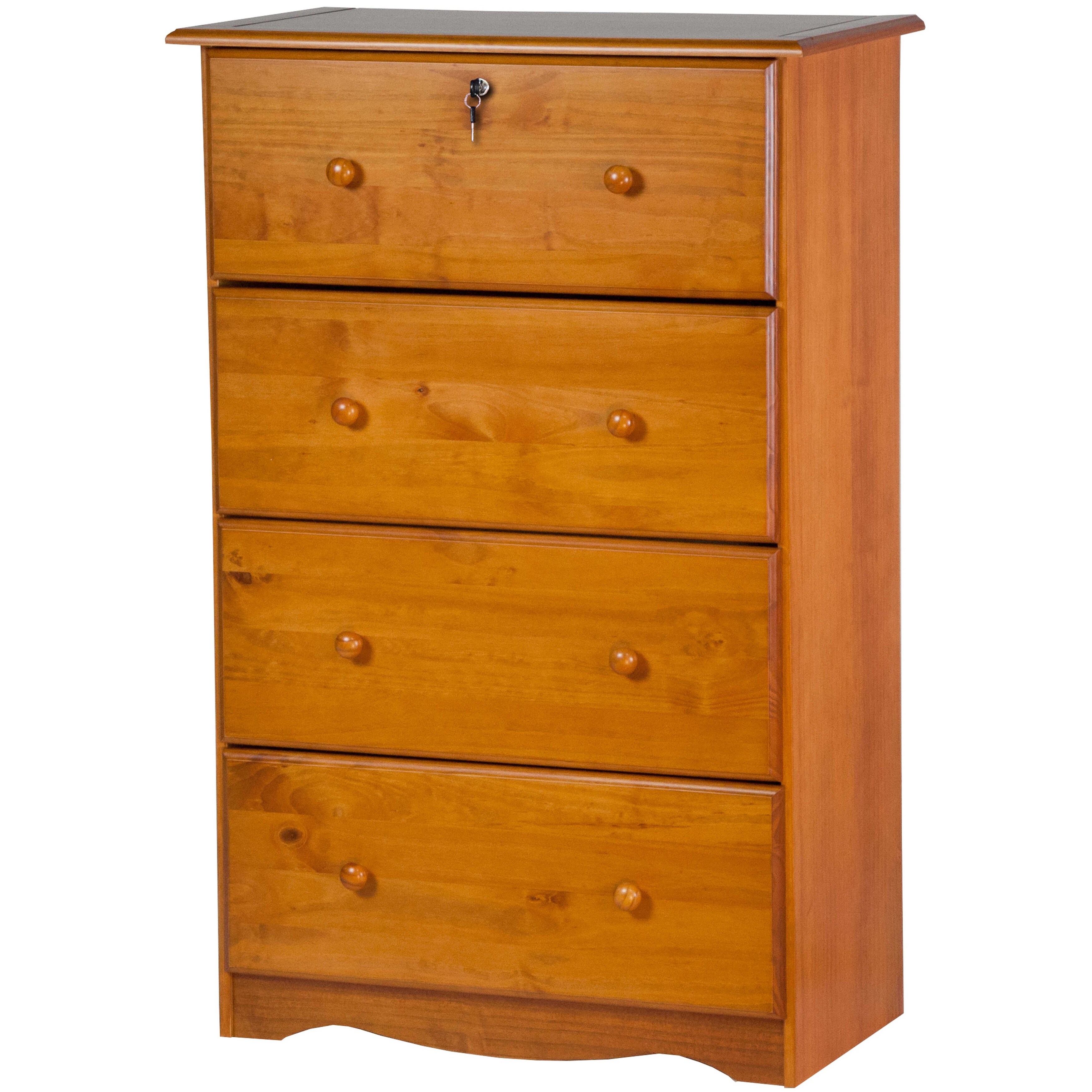 Solid wood drawer chest with natural wood grain finish and knobs.