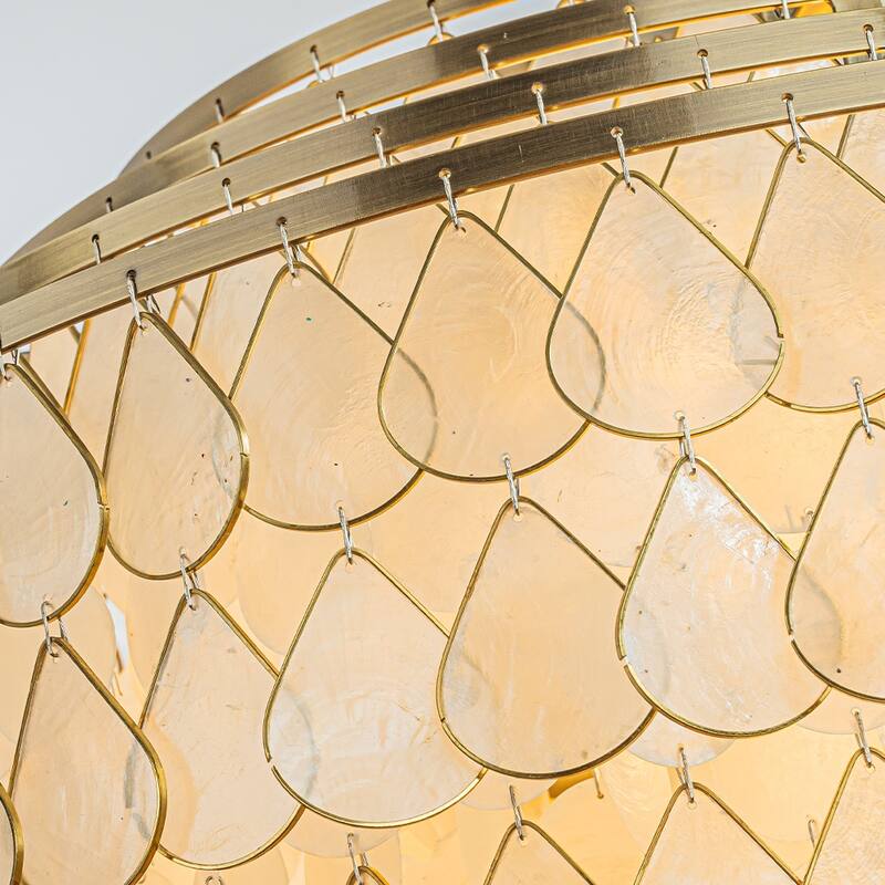 7-Light 24'' Mid-Century Modern Coastal Aged Bronze 4-Tier Natural Capiz Shell Chandelier Glam Pendant Light For Dining Room