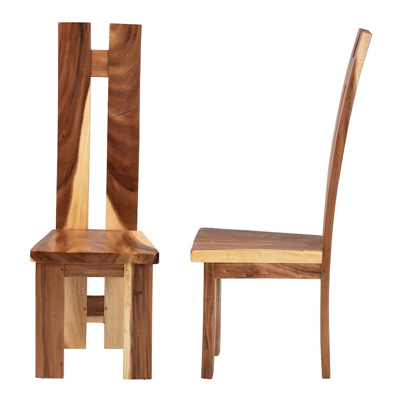 Lin Suar Wood Dining Chair Set of 2 - Handcrafted Solid Wood Chair with Natural Grain Pattern, Rustic Modern Accent Seating