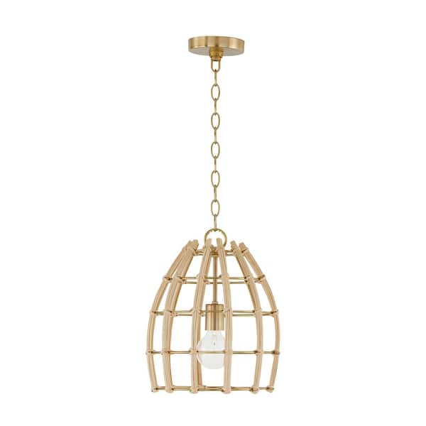 slide 2 of 5, Wren 1-light Matte Brass Small Pendant w/ Handcrafted Rattan