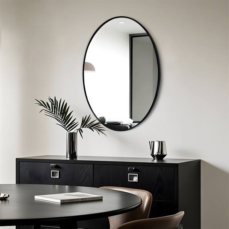 Oval Wall Mirror Black Frame Bathroom Vanity Mirror Vertical Hanging Makeup Mirror for Bedroom - Black