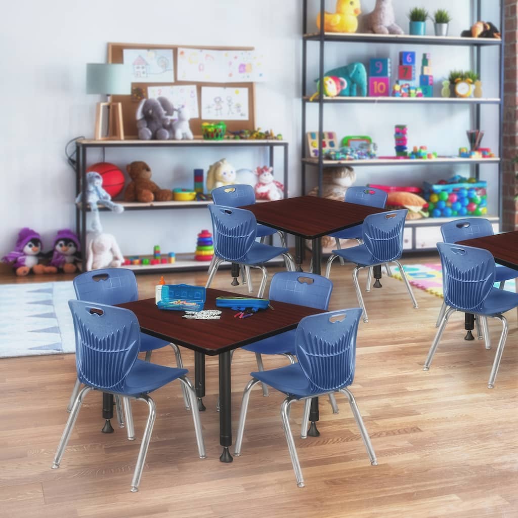 36 in. Square Height Adjustable Classroom Table - Mahogany & 4 12-in Stack Chairs- Navy Blue