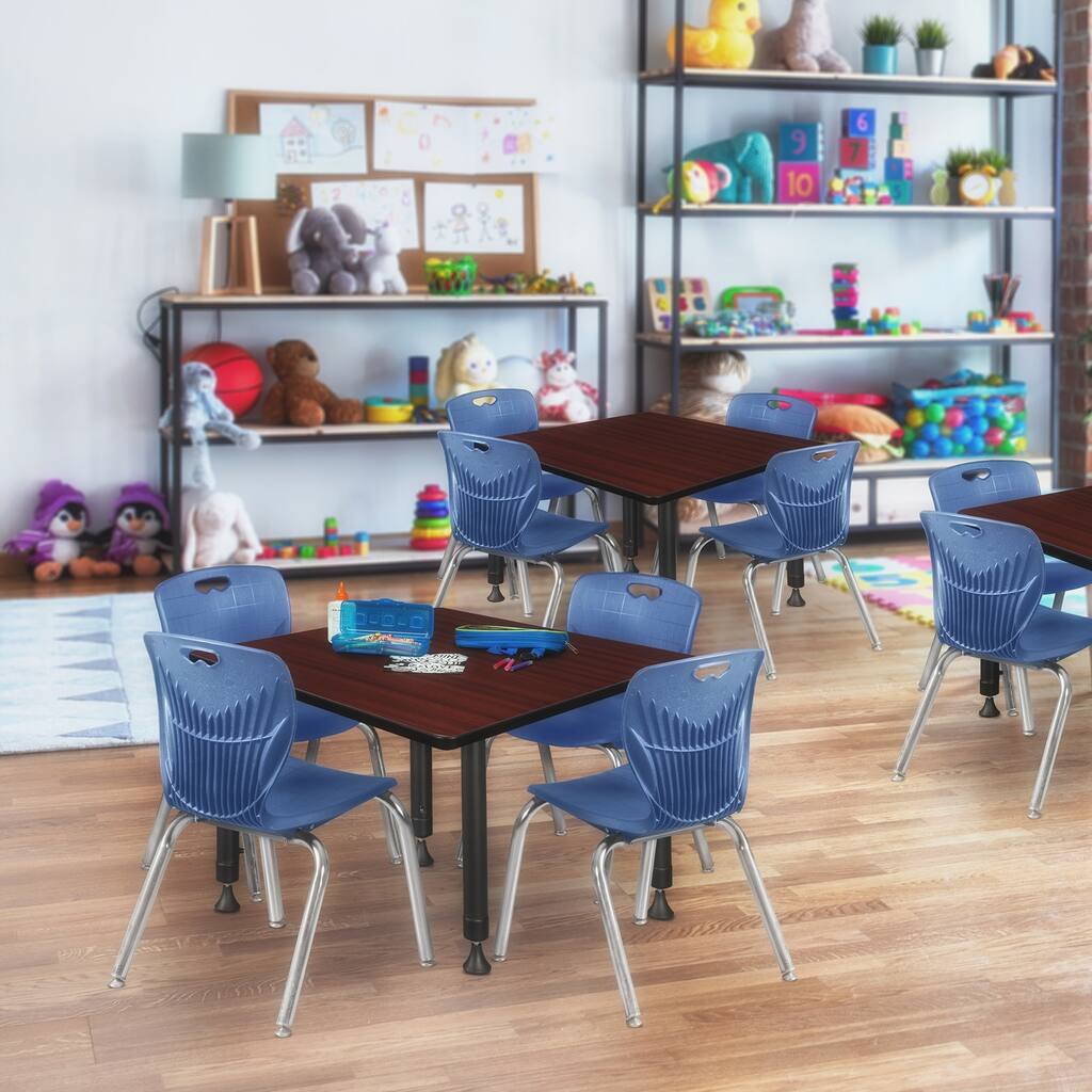 42 in. Square Height Adjustable Classroom Table - Mahogany & 4 12-in Stack Chairs- Navy Blue