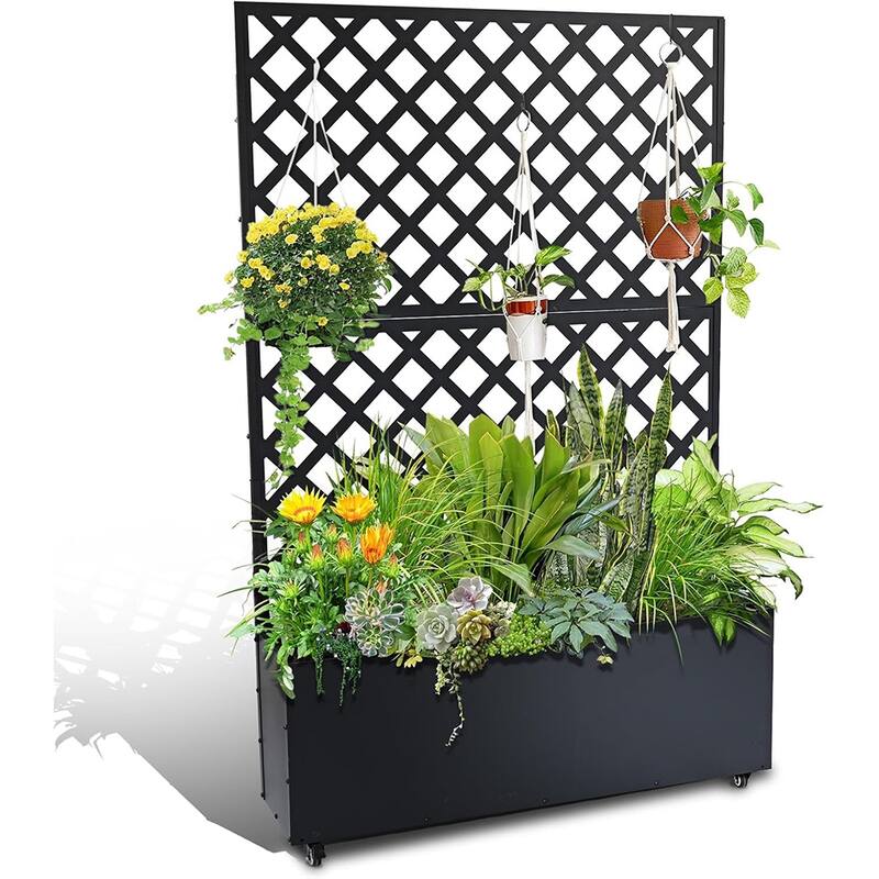 Metal Planter Box with Trellis Privacy Screen - black
 with wheels