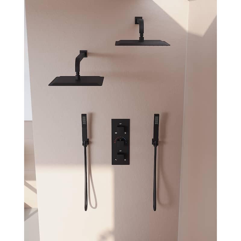 GRANDJOY 12 inch Wall Mounted Dual Shower Heads with Handheld Spray Combo Thermostatic High Pressure Shower System