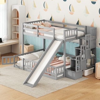Twin Over Full Bunk Bed with Slide, Storage Staircase & Safety Guardrails, Grey