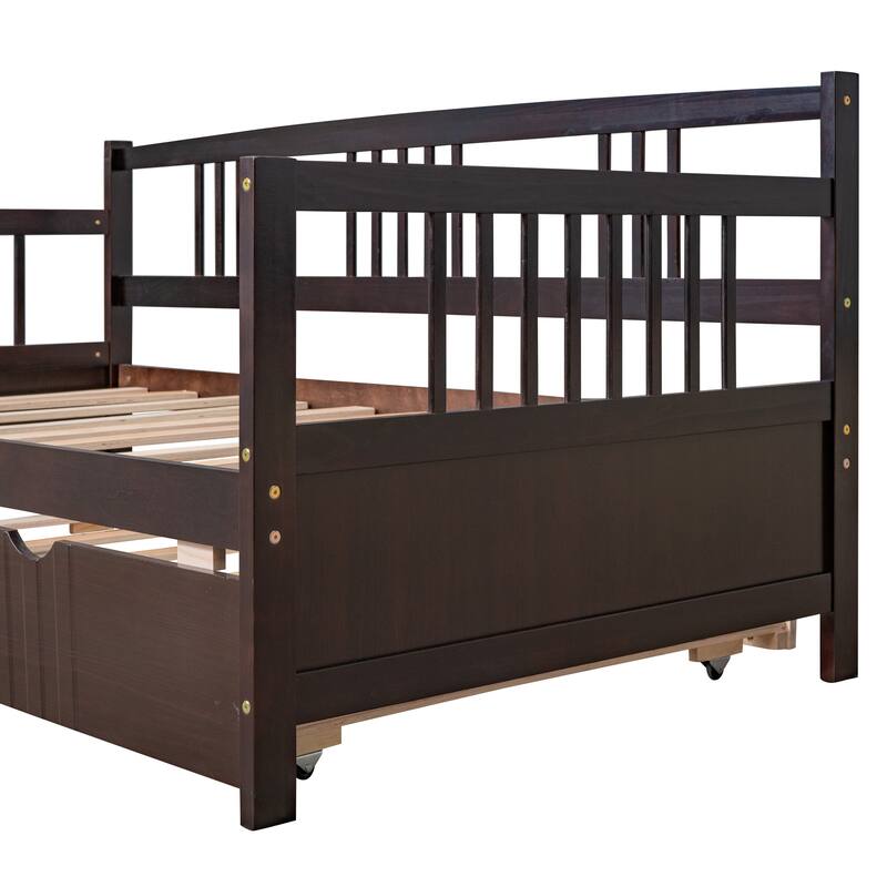 Twin Size Wood Daybed with Trundle, Espresso Finish, Space-Saving Design