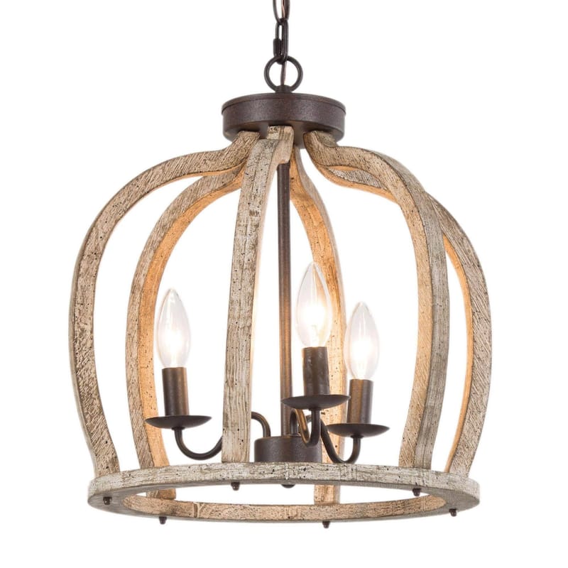 Farmhouse 3-Light Wood Cage Chandelier Lantern Pendant for Kitchen Island Foyer - D15'' x H76''