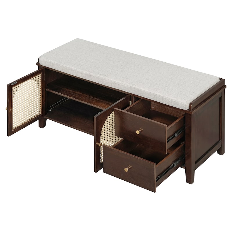 Wood Frame Bench with Shoe Storage, Shoe Bench with Rattan Arched Door and 2 Drawers Entryway Fabric Upholstered Bench
