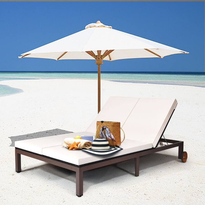 Gymax Adjustable Patio Rattan 2 Person Recliner Lounge Chair w/