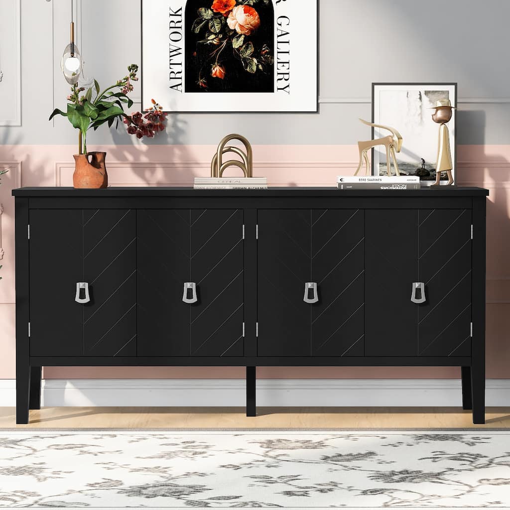 4-Door Sideboard Sideboard with Geometric Line Patterns Door & Vintage Metal Handles, Storage Cabinet wAdjustable Shelves