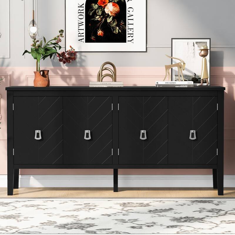 Retro-Style 4-Door Sideboard Narrow Entryway Table with Metal Handles, for Living Rooms, Foyer and Hallways, Black