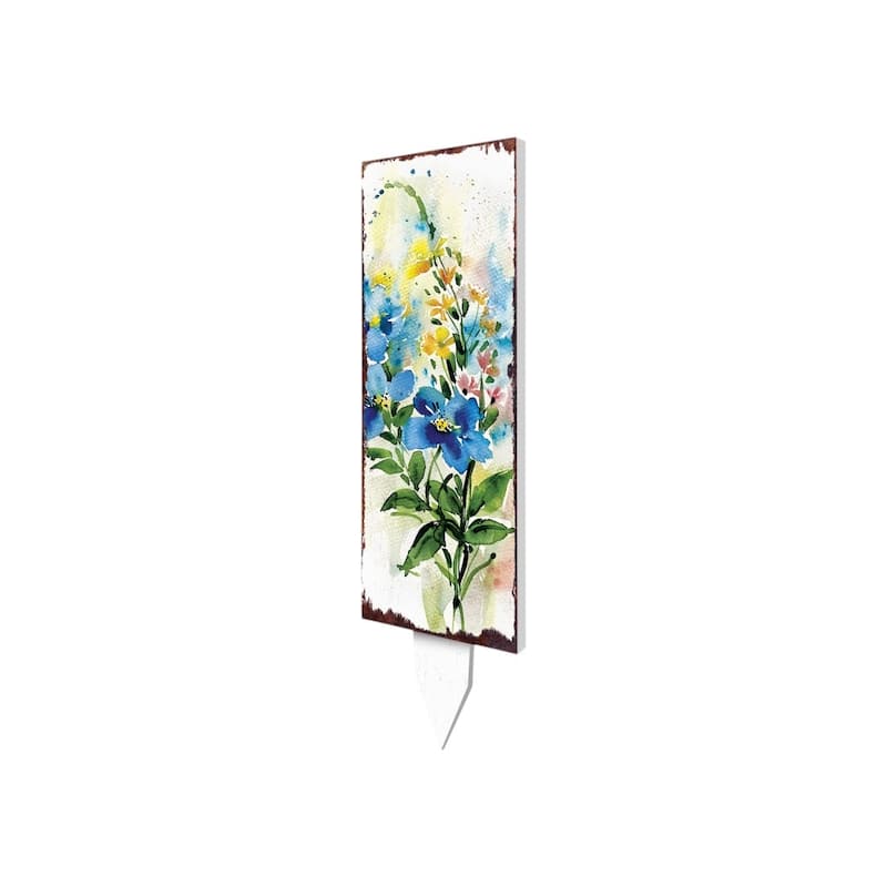 HomeRoots 33" Blue White And Yellow Solid Wood Watercolor Floral Garden Stake