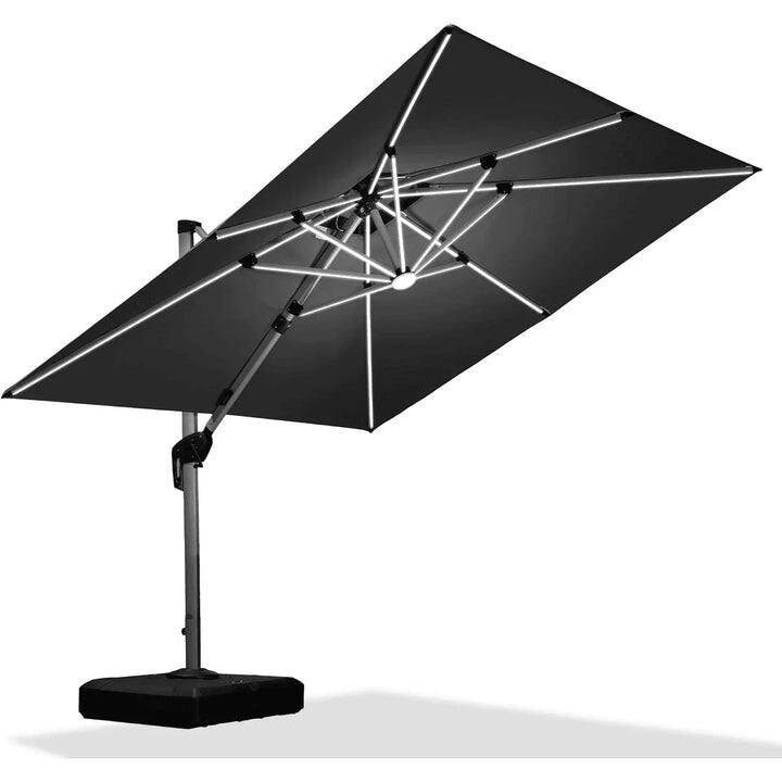 PURPLE LEAF 9/10/11 ft Square 09x12 ft Rectangle Double Top LED Patio Cantilever Umbrella with Base - 9ft Grey