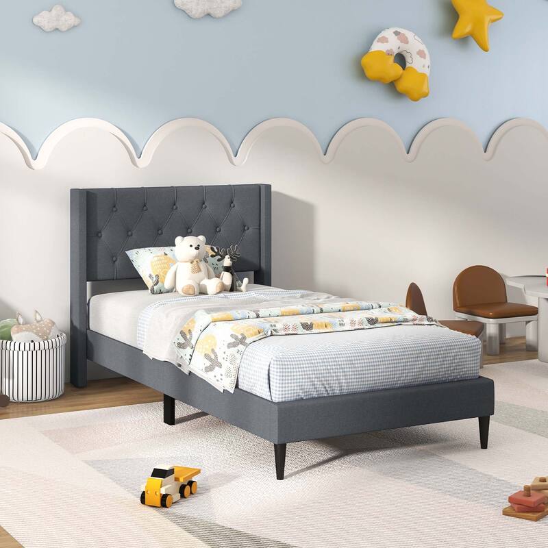 Costway Twin Size Upholstered Platform Bed with Button Tufted Wingback