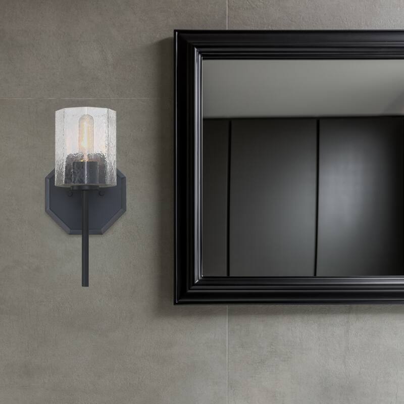 Haven 7 in. 1-Light Matte Black Wall Sconce Light with Clear Rippled Glass Shade for Bathrooms