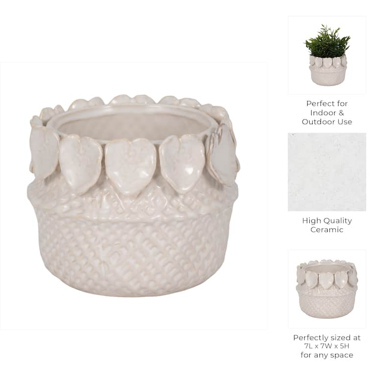 Stylish Ceramic Planter with Sculptural Leaf Heart Details