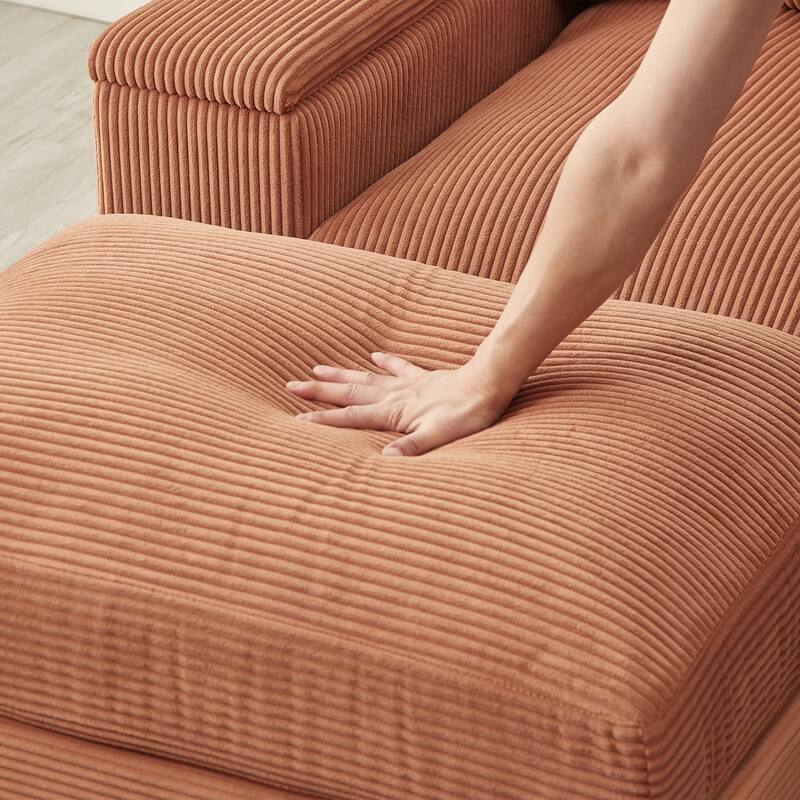 U-shaped corduroy sofa with removable footstool and storage armrests