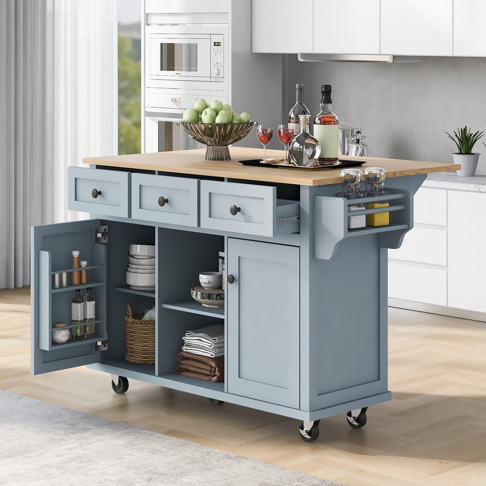 Mobile Kitchen Island Cart Cabinet with Cabinet Door Internal Storage Racks, 3 Drawers and Rubber Wood Drop-Leaf Countertop