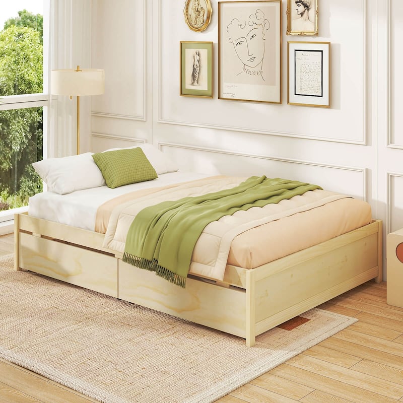 Costway Full/Queen Size Wooden Platform Bed with 2 Rolling Storage