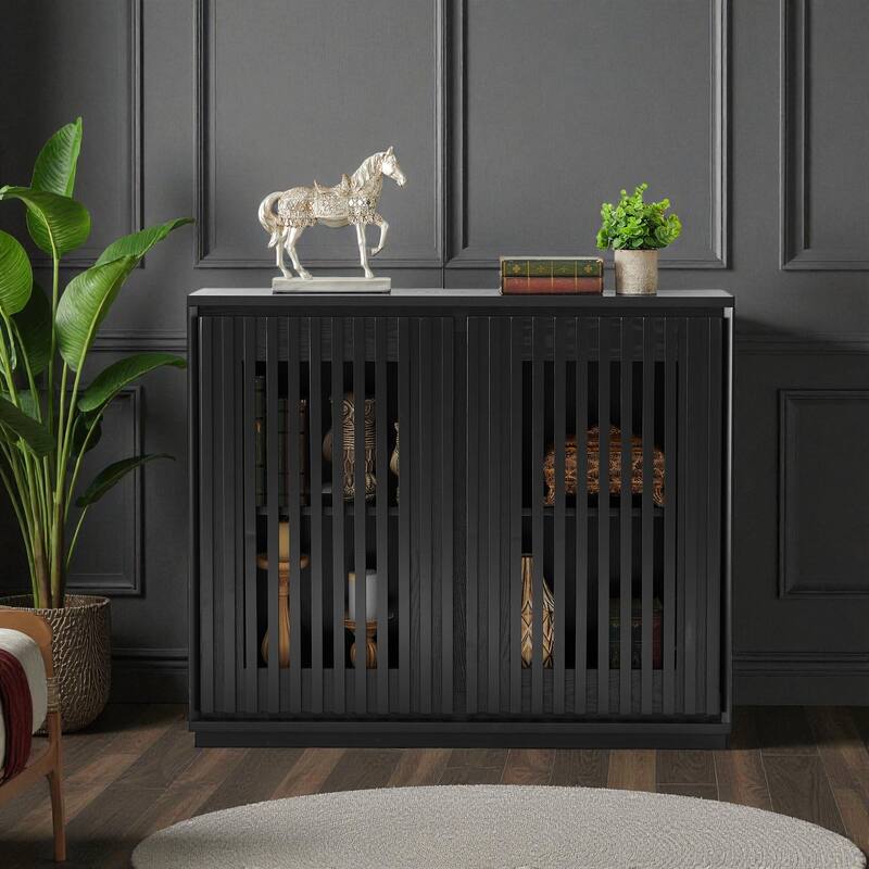 Mid-Century Modern Fluted Sideboard Cabinet with Outlet Holes, Solid Wood Buffet Storage Cabinet for Living Room - Black