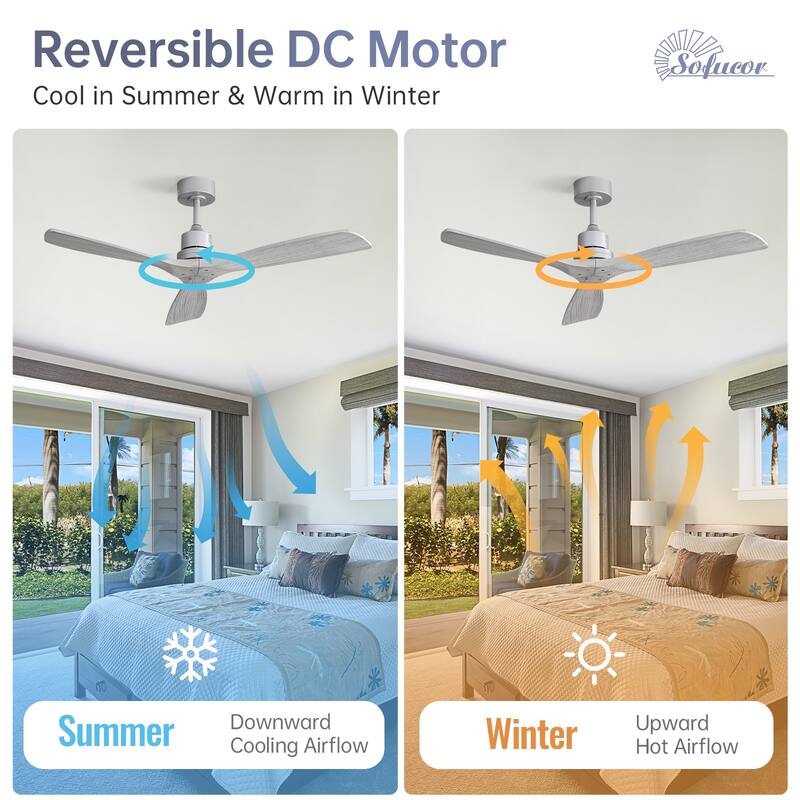 Sofucor 48/52 Inch Ceiling Fan with Light, Solid Wood Blades for Living Room, Bedroom,Smart Optional