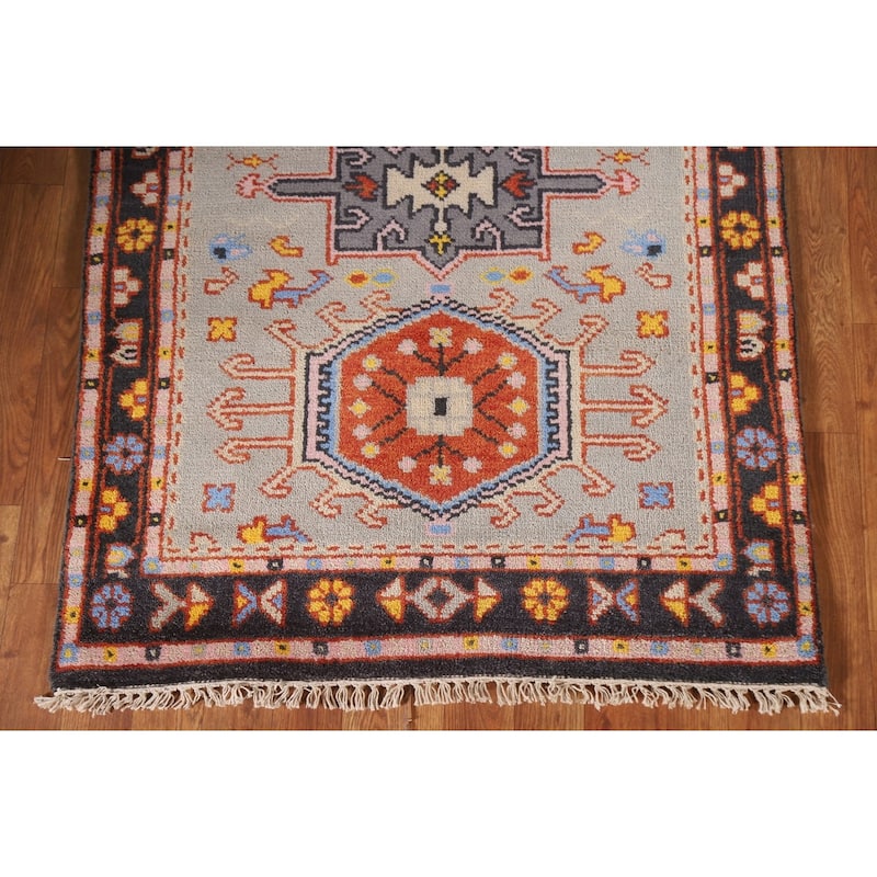 Geometric Grey Kazak Foyer Rug Hand-Knotted Wool Carpet - 3'0"x 5'0"