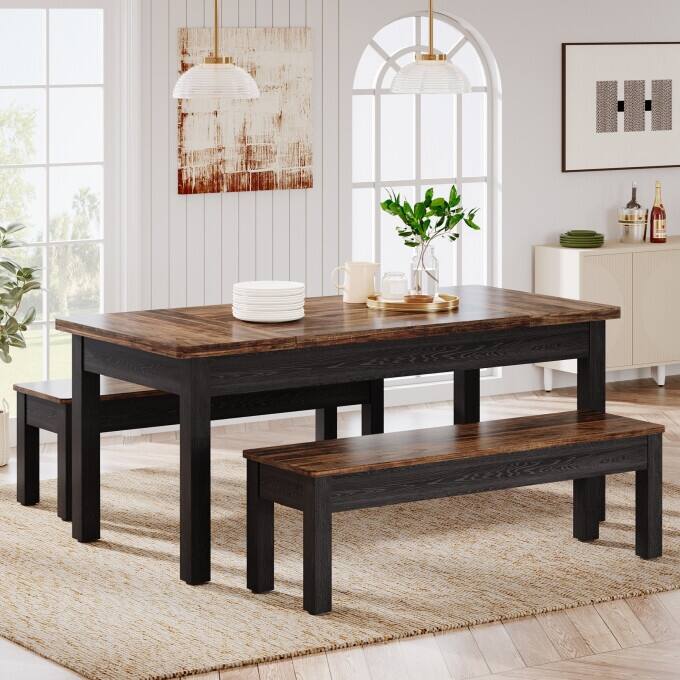 Farmhouse Dining Table Set for 4-6, Kitchen Table with 2 Benches - Brown/Black