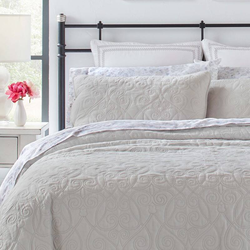 Laura Ashley Felicity Cotton Reversible Grey Quilt Set On Sale Bed
