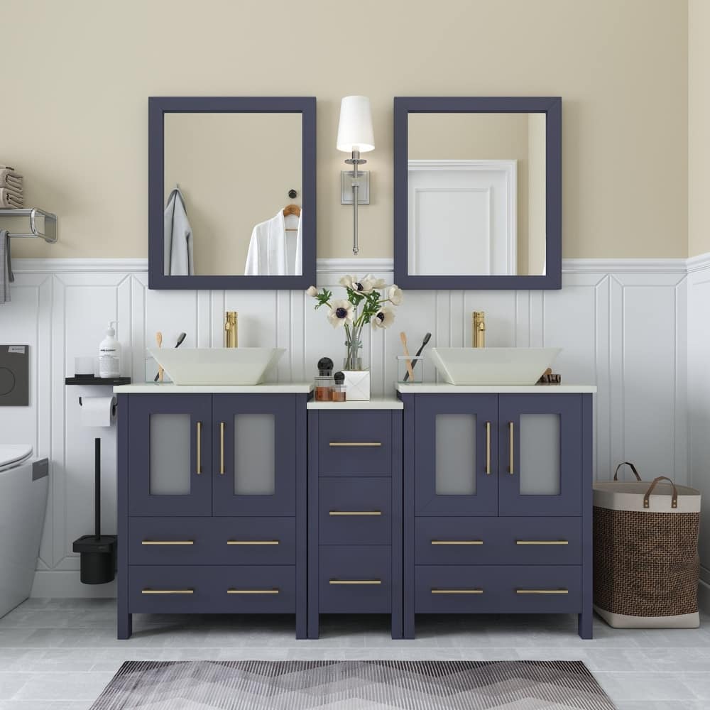 Vanity Art 60" Double Sink Bathroom Vanity Set with Engineered Marble Top and Free Mirror - 60 W X 18.5 D X 31.1 H