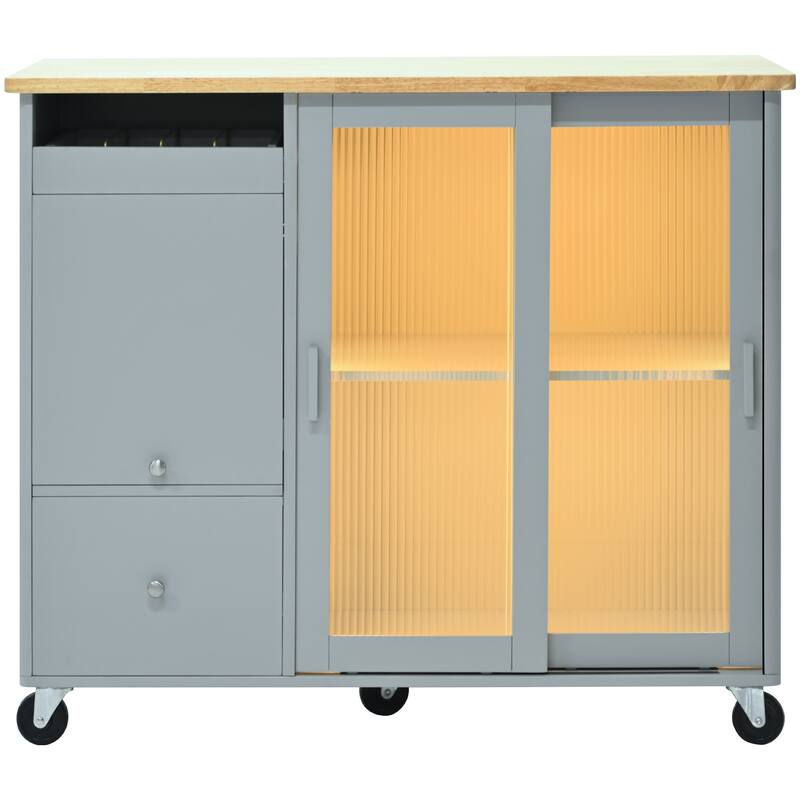 Rubber Wood Top Drop Leaf Kitchen Island w/ LED & Sliding Glass Door