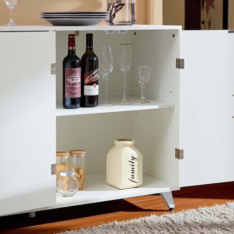 Ivory White 4-Door Sideboard Buffet Cabinet with Removable Shelves and Soft-Close Hinges, Elegant Gold Accents