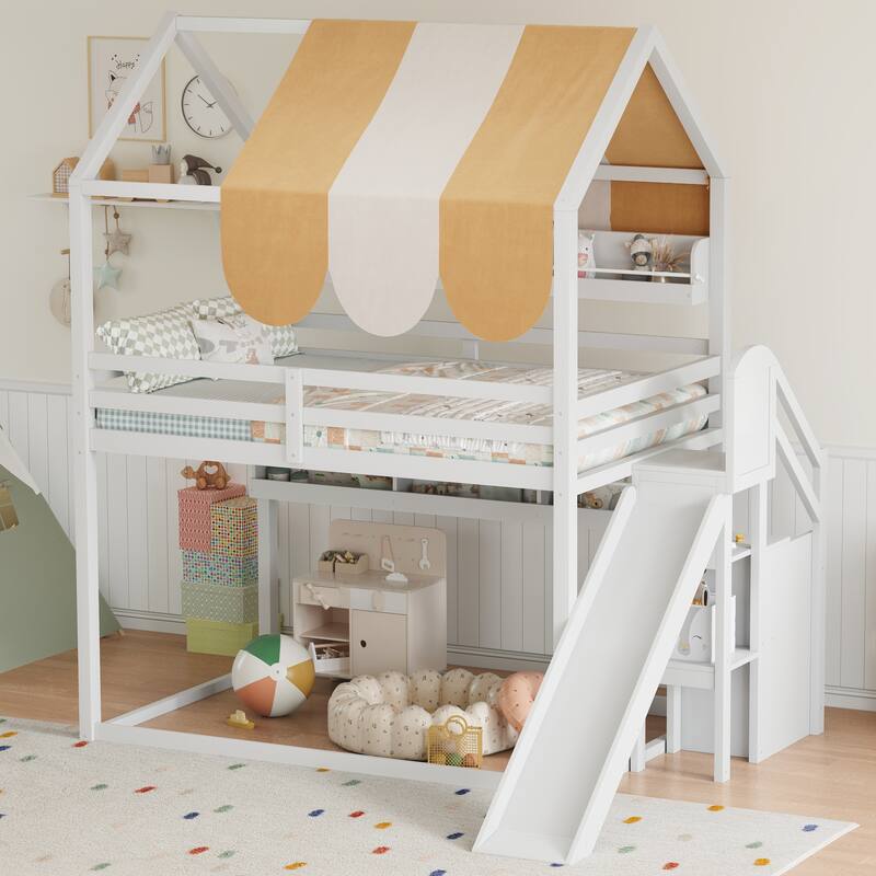 Full Size House Bed with Canopy, Slide & Built-in Bookshelves, Playhouse Bed Frame for Kids - White - Full