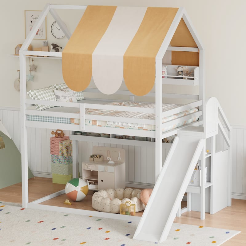 GDFStudio - Wooden Full Size House Bed with Canopy, Slide and Bookshelves