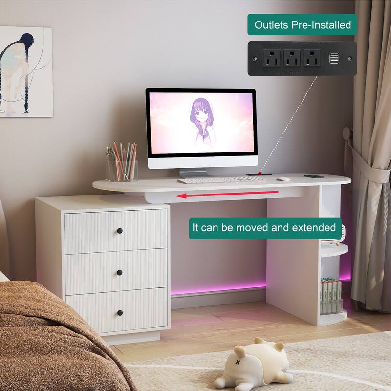 Modern Expandable Desk with Drawers & Storage Shelves, Wood Computer Desk with Charging Station, Study Table for Home Office