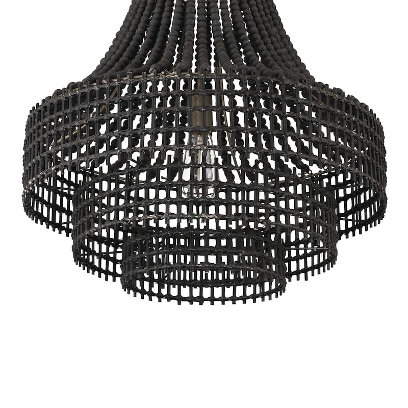 Metal, Rattan and Wood Bead Chandelier - 21.9"L x 21.9"W x 23.4"H