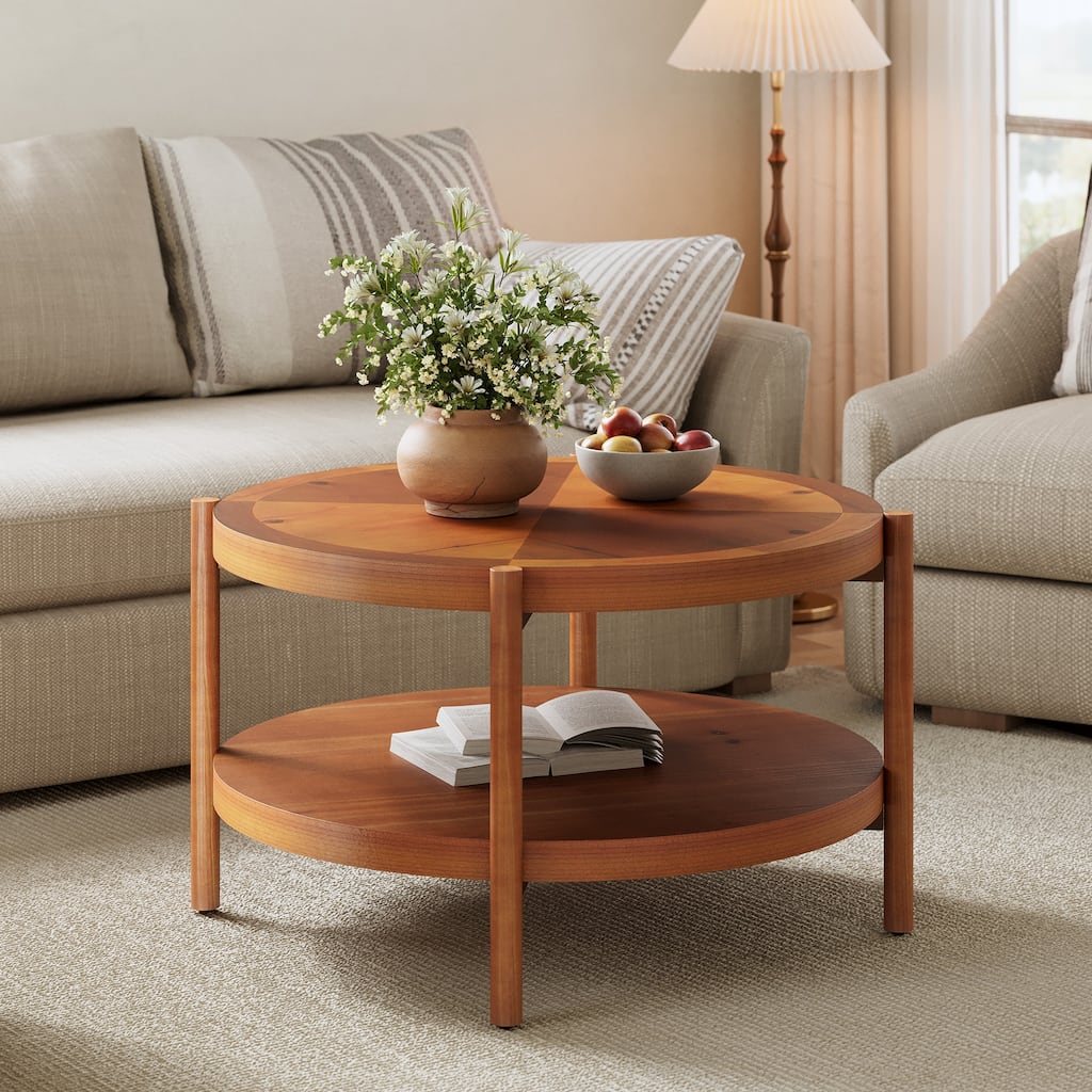 31.5" Solid Wood Round Coffee Table with Storage Shelf