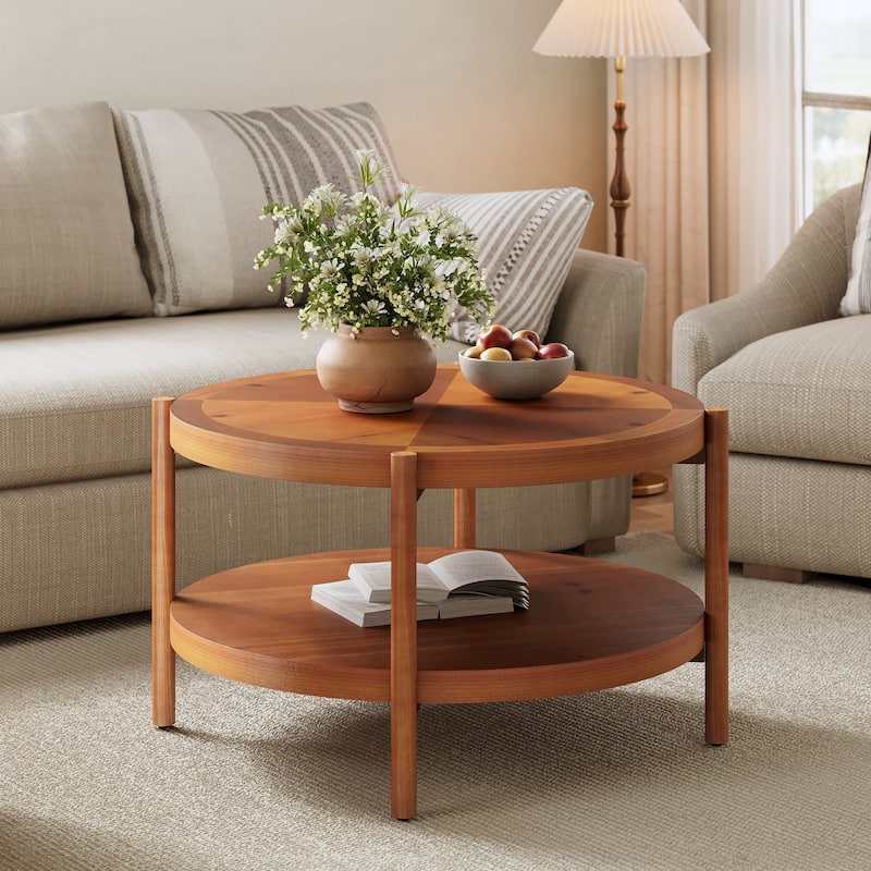 32" Double-Layer Solid Wood Round Coffee Table