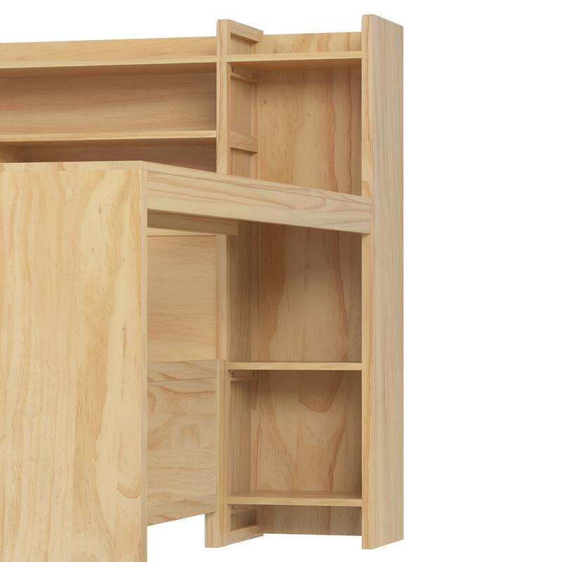 Wooden Twin Size Daybed with Storage Shelves, Multi-functional Bed with Twin Size Trundle Bed and Study Desk