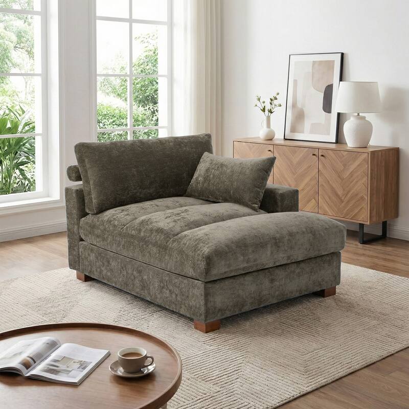 Mid-Century Chenille Adjustable Headrest Chaise Lounge Sofa - Camel - Right Facing