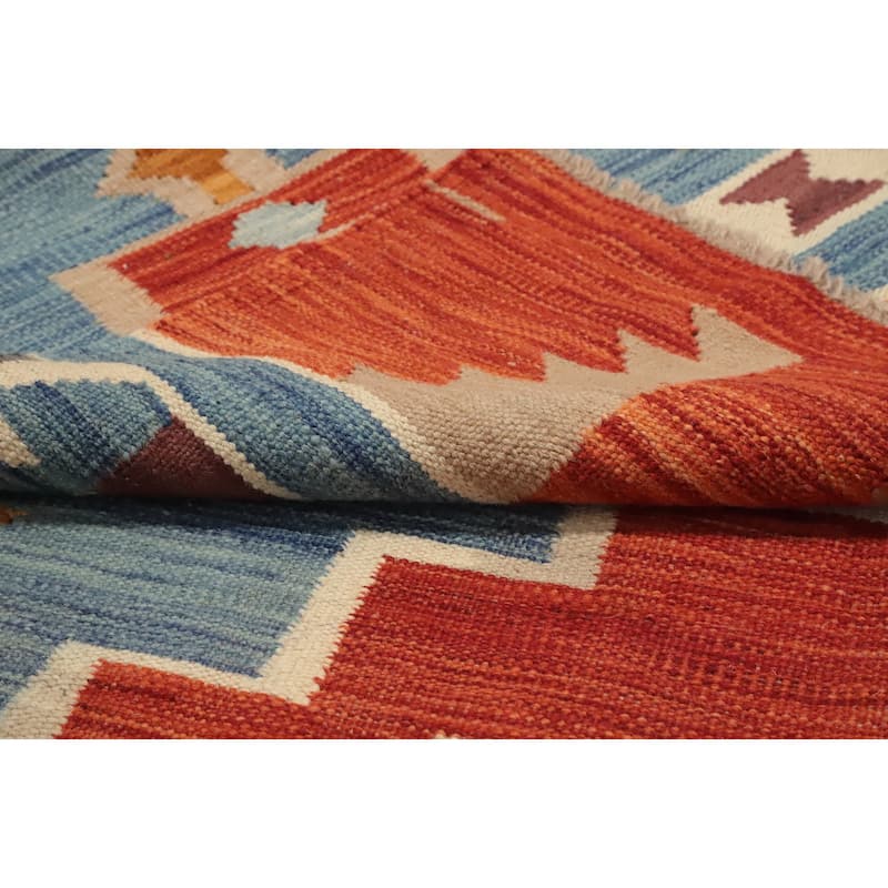 Hand Woven Oriental 100% Wool Carpet Southwestern Tribal Navy Blue & Blues Kilim Area Rug - 8' 2'' X 4' 11''