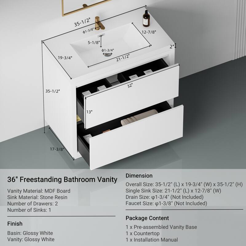 GDFStudio 36" Freestanding Bathroom Vanity with Sink