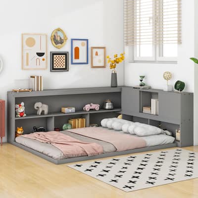 Modern Full Floor Bed with Built-in L-Shaped Bookshelves & Sliding Door Storage - No Box Spring Required