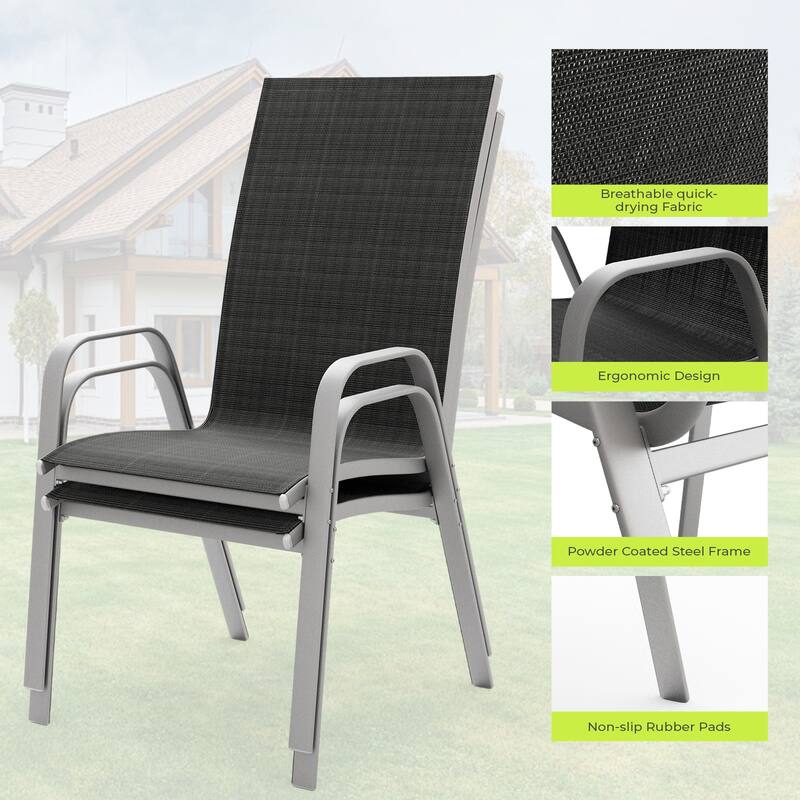 2-Pieces Stackable Black Steel Frame Stationary Dining Chair Dining Chairs Set