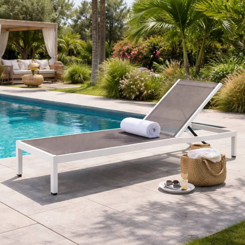 Edie 76 Inch Outdoor Adjustable Chaise Lounger, Metal Frame, Gray Textilene