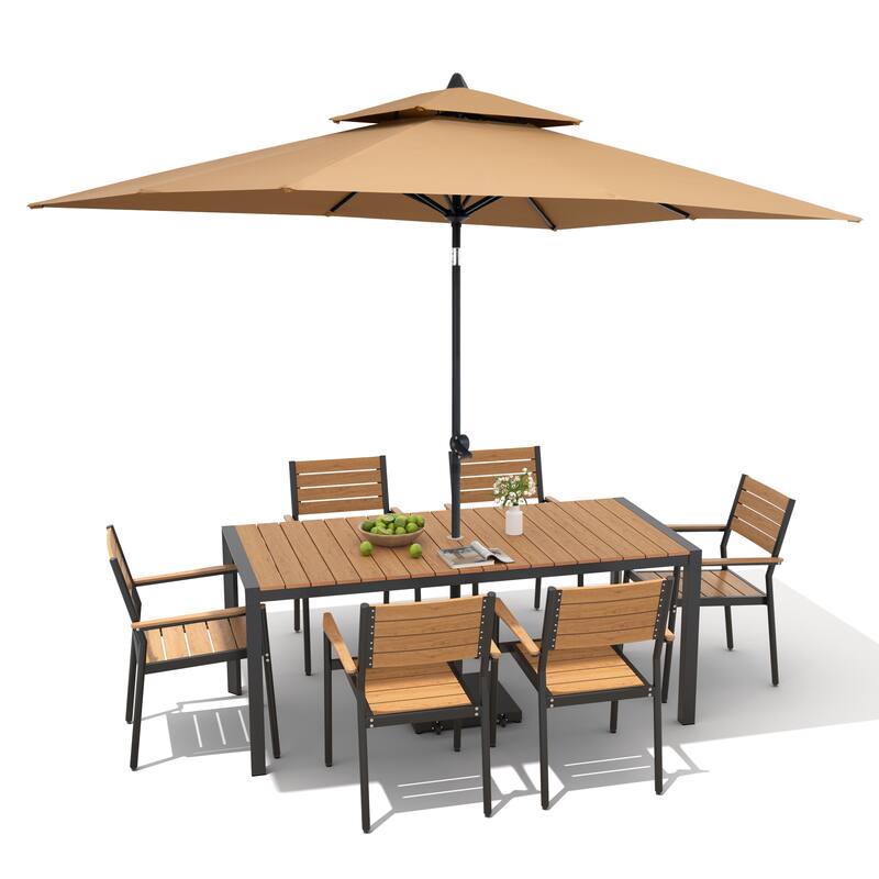 9/11-Piece Patio Dining Set Aluminum Dining Table and Chairs w/10 ft Market Umbrella and Base with Wheels