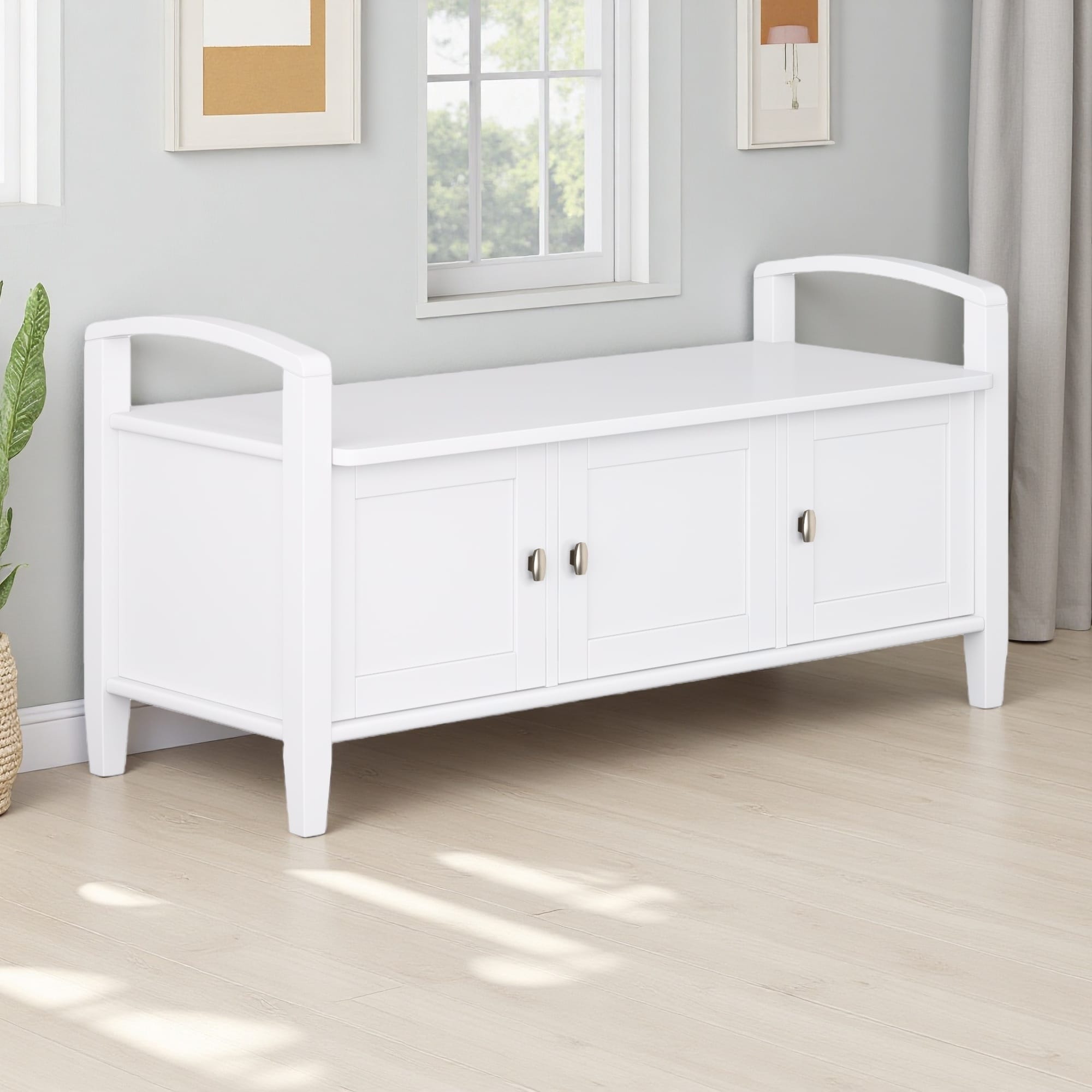 44"L Solid Wood Entryway Storage Bench, 3 Shaker Doors, Bronze Knobs