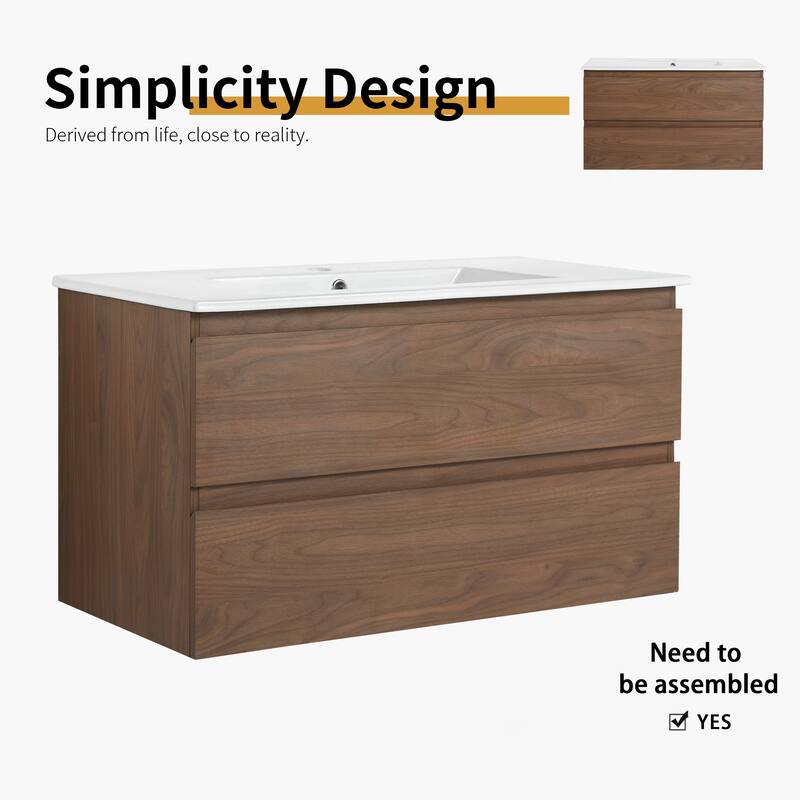 36" Wall-Mounted Bathroom Vanity With Ceramic Sink, 2-Soft Close Drawers